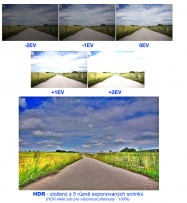 Tvorba HDR fotografie - ať už přímo ve fotoaparátu nebo až editací v PC (Adobe Photoshop, Zoner Photo Studio aj.). OBR 1 (nahoře): Sada několika snímků (běžně 3-5) s rozdílnou expozicí. Lze zde dobře využít například expoziční bracketing nebo prostě expoziční kompenzaci...  OBR 2 (dole): Finální HDR snímek neboli složenina (v PC) z výše uvedených dílčích fotografií (HDR efekt je zde pro názornost značně přehnán)!